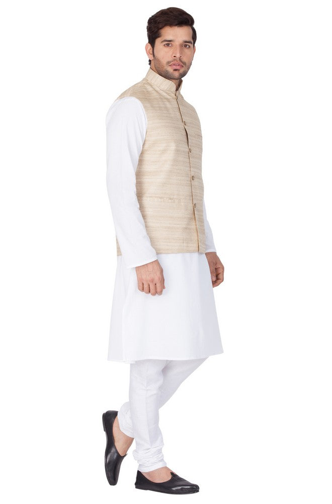 Men's Cotton Solid Kurta Modi Jacket And Pajama Set In White