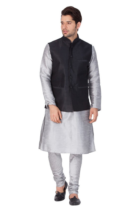 Men's Cotton Art Silk Solid Kurta Modi Jacket and Pajama Set in Grey