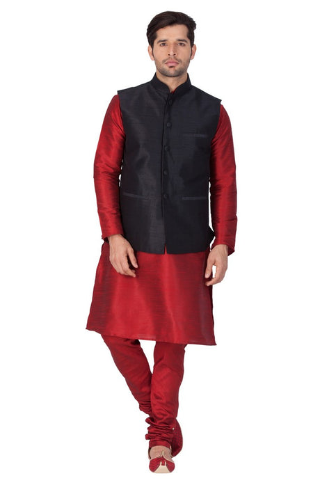Men's Cotton Art Silk Solid Kurta Modi Jacket and Pajama Set in Maroon