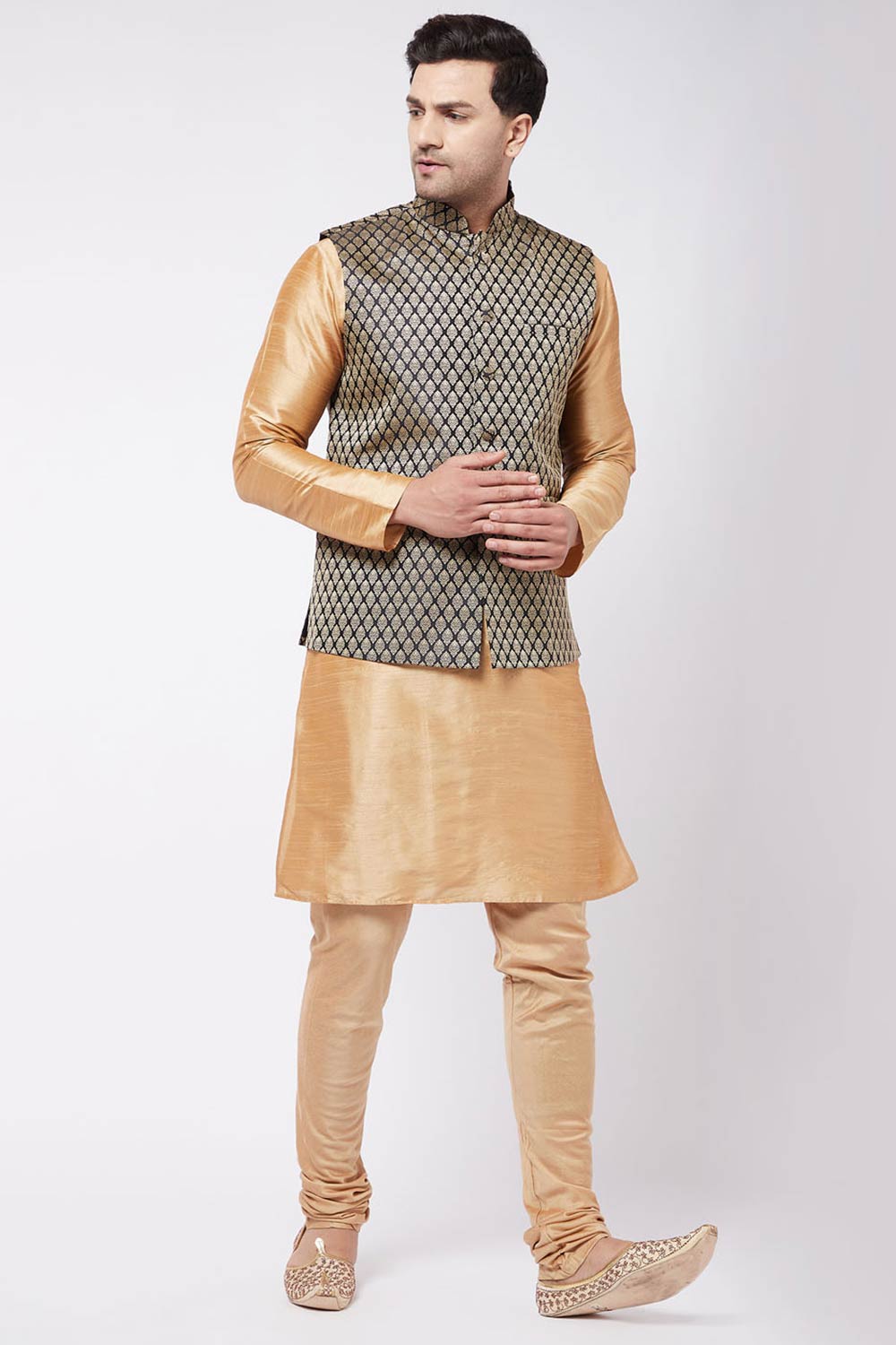 Buy Men's Blended Silk Woven Kurta Set in Rose Gold