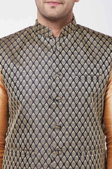 Buy Men's Blended Silk Woven Kurta Set in Rose Gold - Side