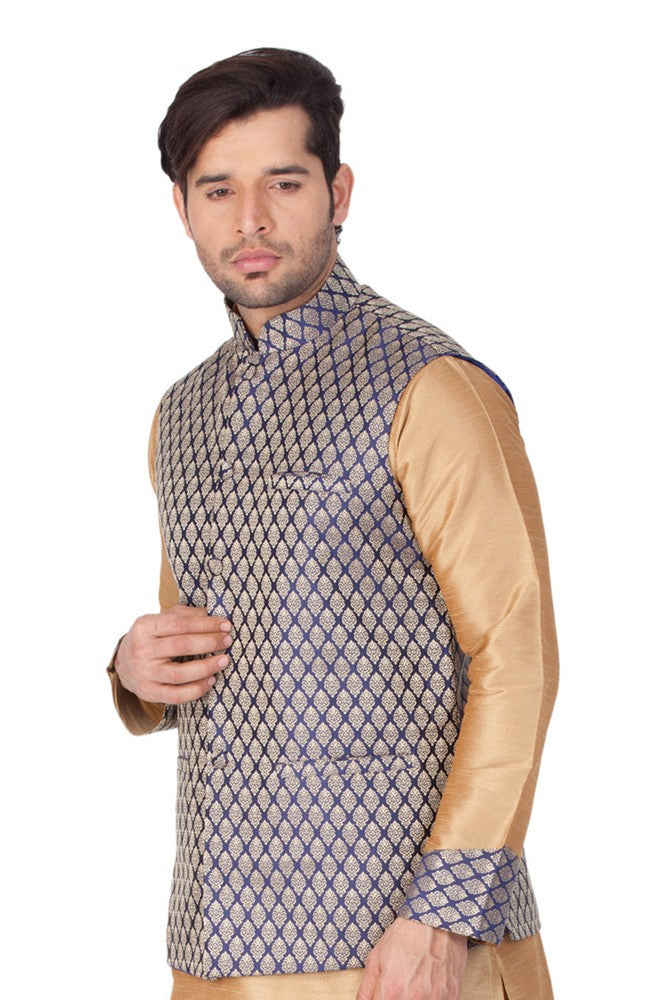 Men's Art Silk Blend Woven Modi Nehru Jacket In Blue