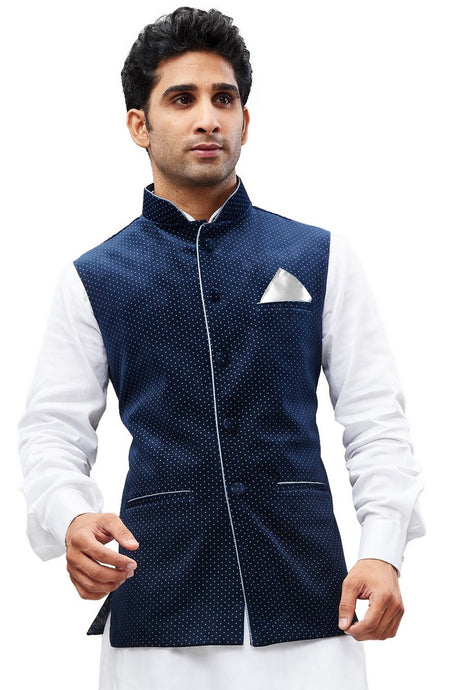 Men's Velvet Printed Modi Nehru Jacket In Blue