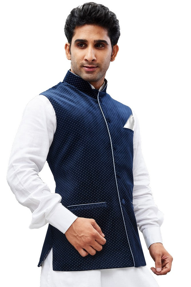 Men's Velvet Printed Modi Nehru Jacket In Blue