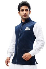 Men's Velvet Printed Modi Nehru Jacket In Blue