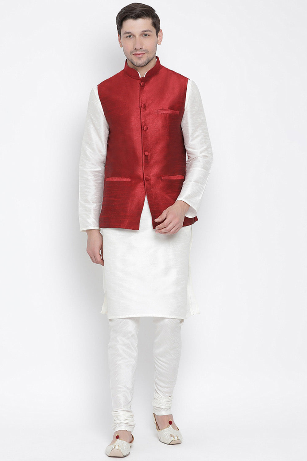 Men's Cotton Silk Jacket Kurta Pyjama Set in White