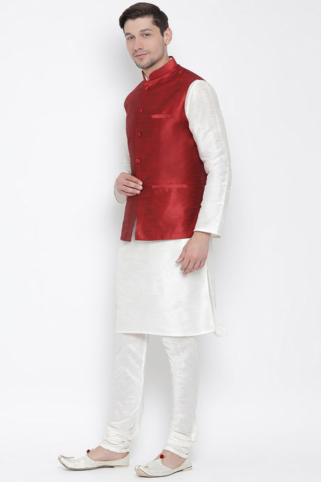 Men's Cotton Silk Jacket Kurta Pyjama Set in White