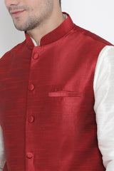 Men's Cotton Silk Jacket Kurta Pyjama Set in White