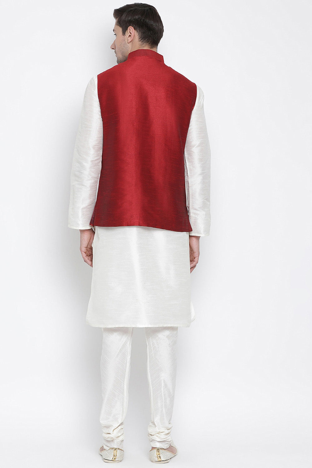 Men's Cotton Silk Jacket Kurta Pyjama Set in White