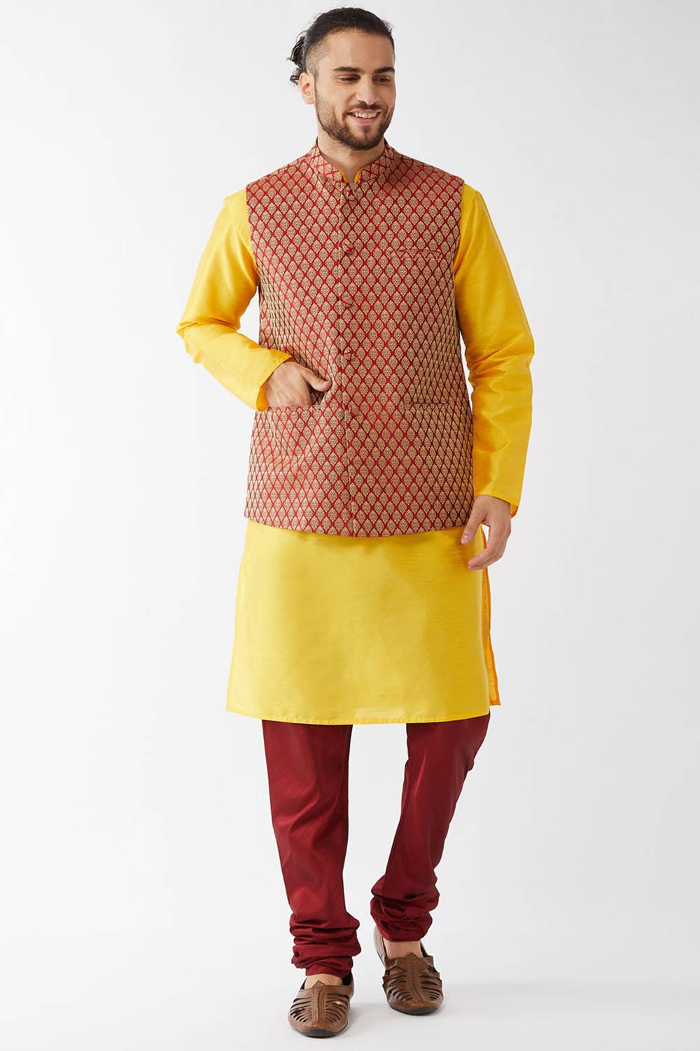 Buy Men's Blended Silk Woven Kurta Set in Yellow
