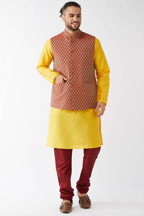 Buy Men's Blended Silk Woven Kurta Set in Yellow