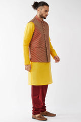 Buy Men's Blended Silk Woven Kurta Set in Yellow - Front