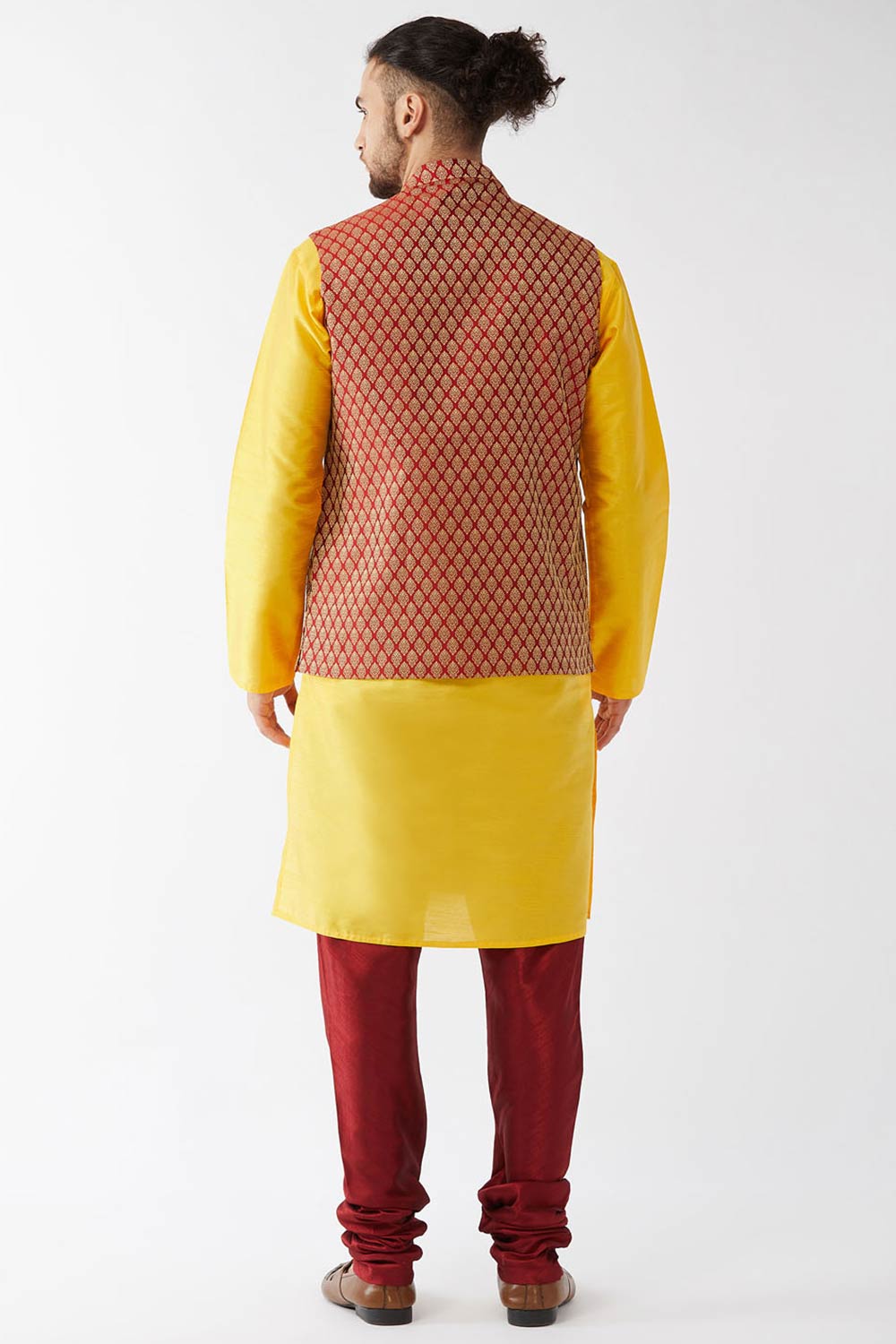 Buy Men's Blended Silk Woven Kurta Set in Yellow - Back