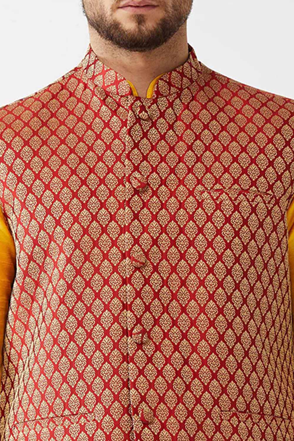 Buy Men's Blended Silk Woven Kurta Set in Yellow - Side