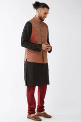 Buy Men's Blended Silk Woven Kurta Set in Black - Front