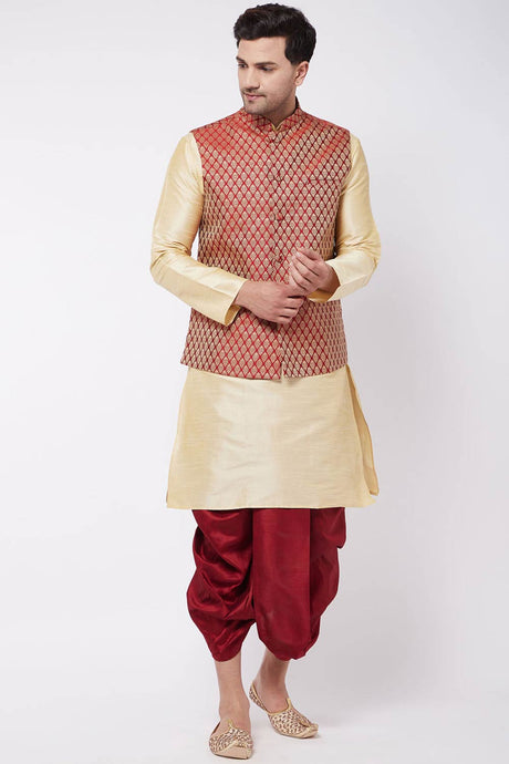 Buy Men's Blended Silk Woven Kurta Set in Gold