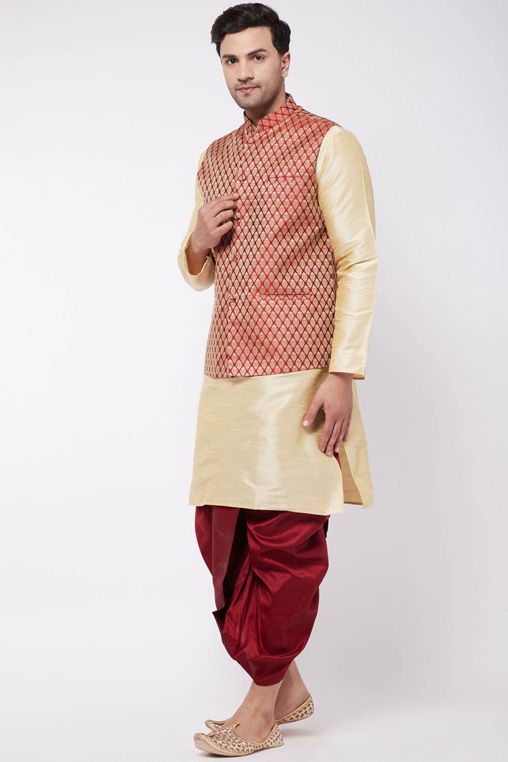 Buy Men's Blended Silk Woven Kurta Set in Gold - Front