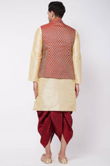 Buy Men's Blended Silk Woven Kurta Set in Gold - Back