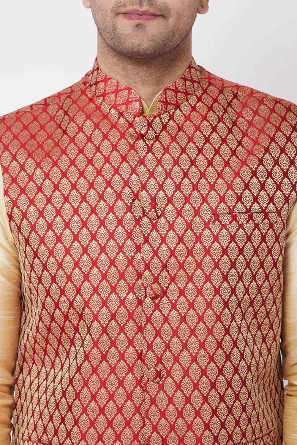 Buy Men's Blended Silk Woven Kurta Set in Gold - Side