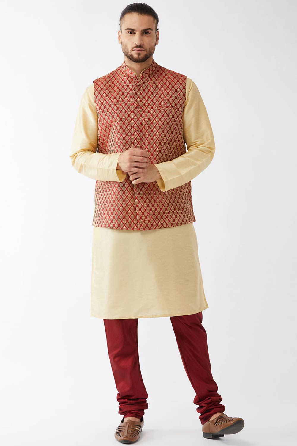 Buy Men's Blended Silk Woven Kurta Set in Cream