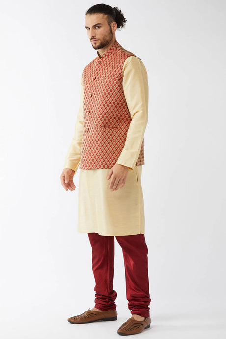 Buy Men's Blended Silk Woven Kurta Set in Cream - Front