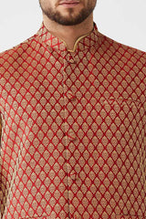 Buy Men's Blended Silk Woven Kurta Set in Cream - Side