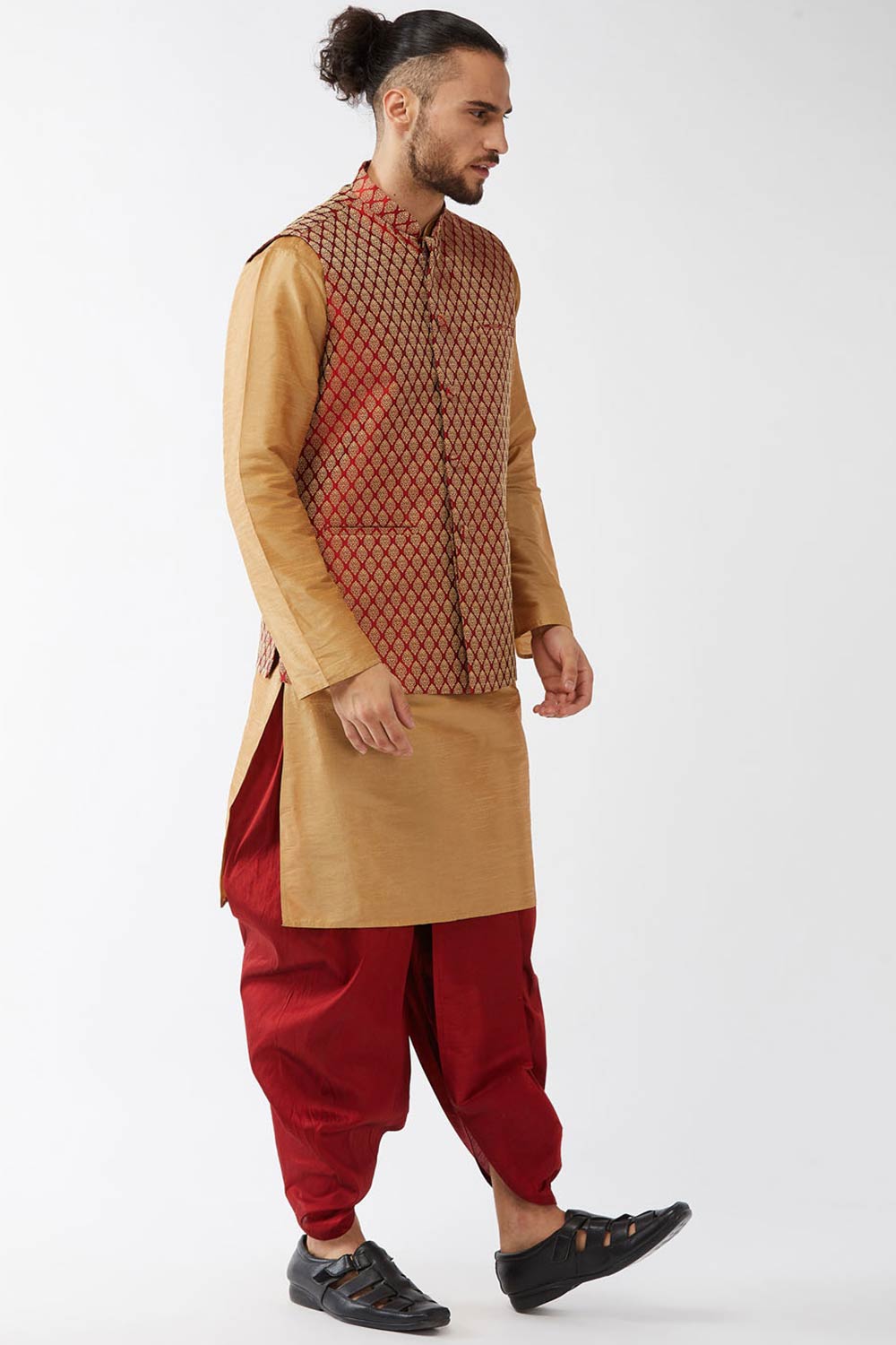 Buy Men's Blended Silk Woven Kurta Set in Rose Gold - Front