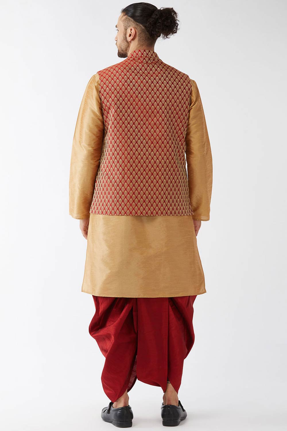 Buy Men's Blended Silk Woven Kurta Set in Rose Gold - Back