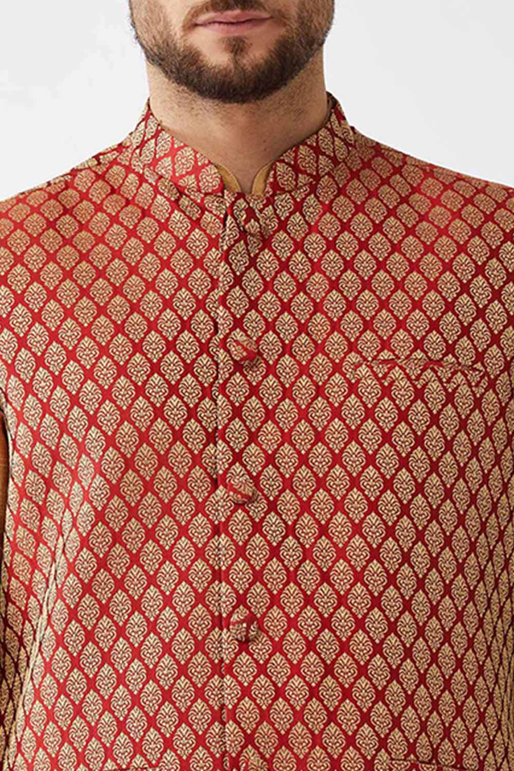 Buy Men's Blended Silk Woven Kurta Set in Rose Gold - Side