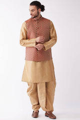 Buy Men's Blended Silk Woven Kurta Set in Rose Gold