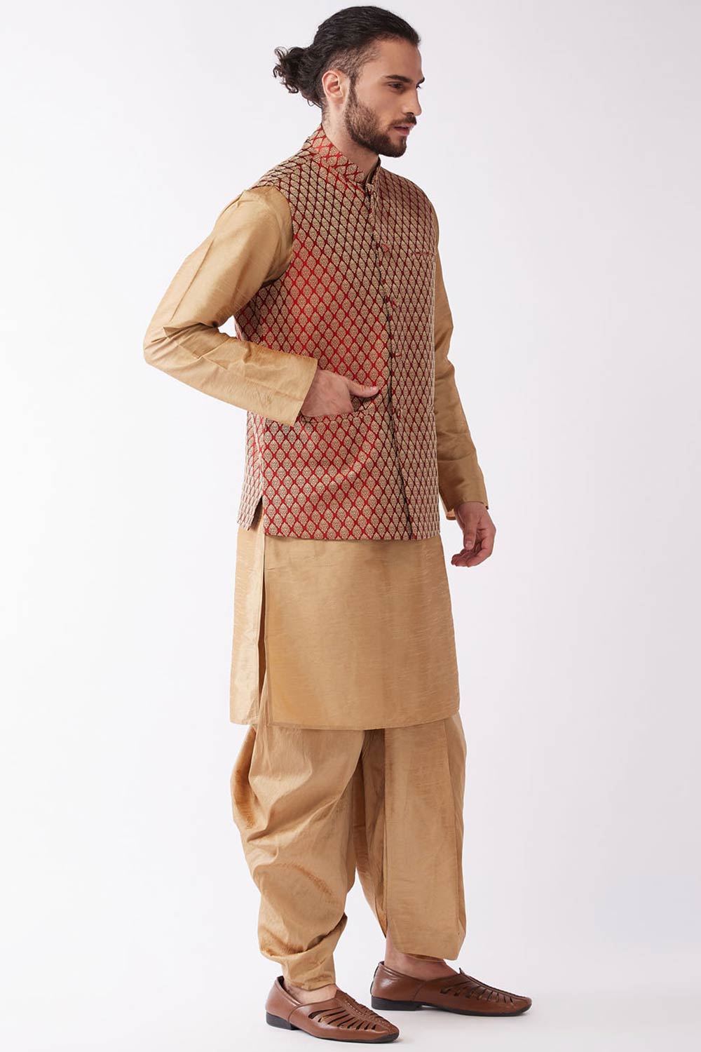 Buy Men's Blended Silk Woven Kurta Set in Rose Gold - Front