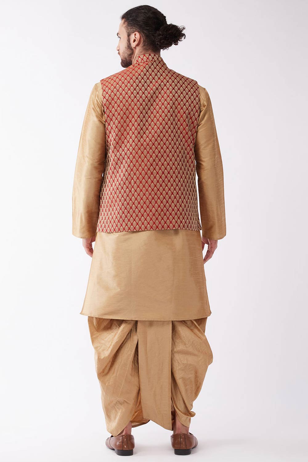 Buy Men's Blended Silk Woven Kurta Set in Rose Gold - Back