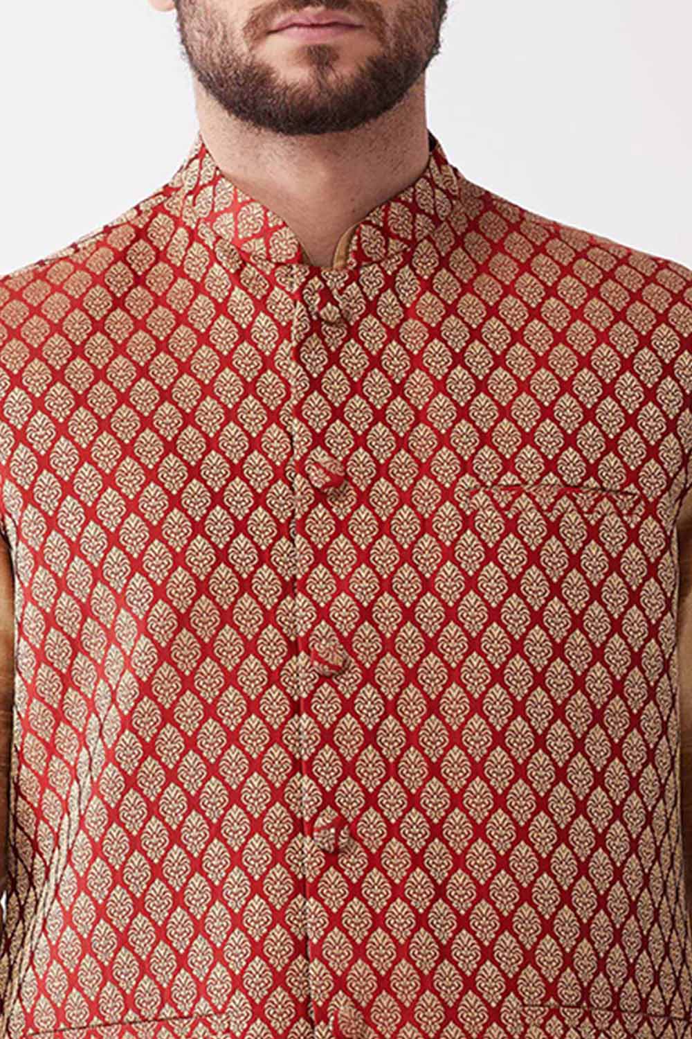 Buy Men's Blended Silk Woven Kurta Set in Rose Gold - Side