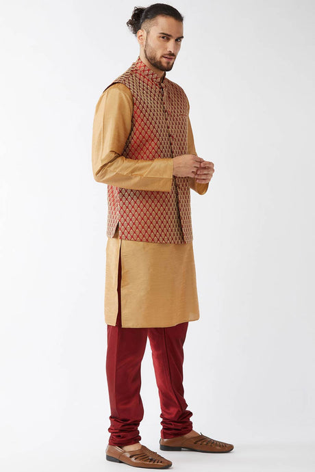 Buy Men's Blended Silk Woven Kurta Set in Rose Gold - Front