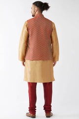 Buy Men's Blended Silk Woven Kurta Set in Rose Gold - Back