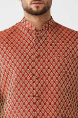 Buy Men's Blended Silk Woven Kurta Set in Rose Gold - Side