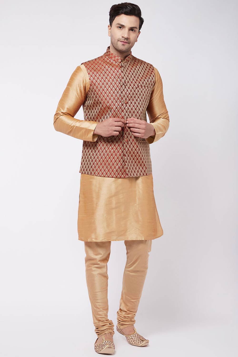 Buy Men's Blended Silk Woven Kurta Set in Rose Gold