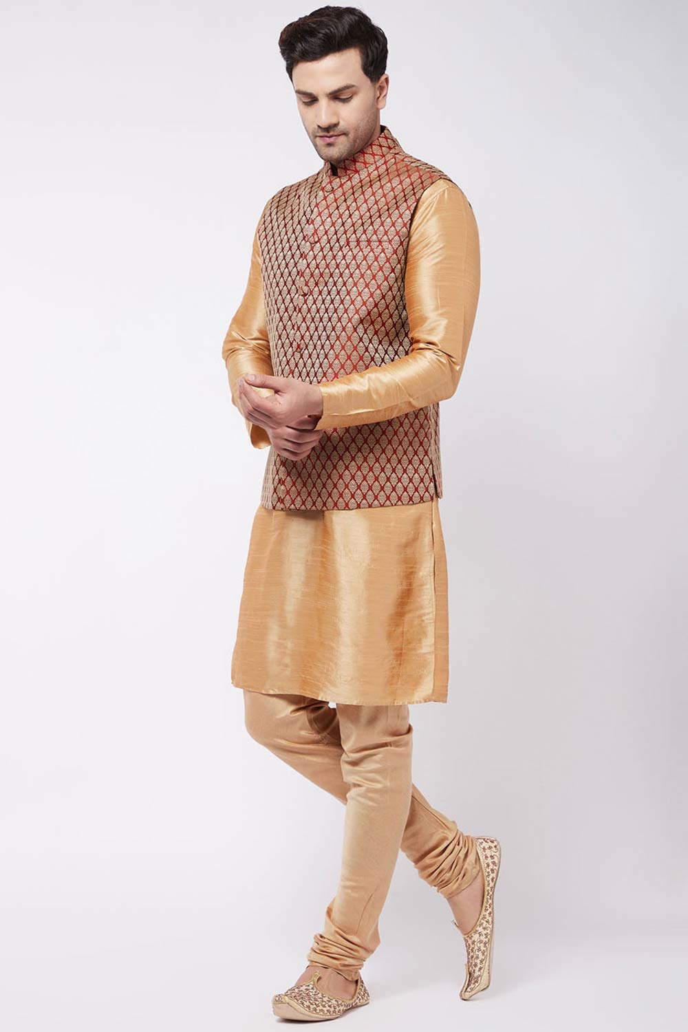 Buy Men's Blended Silk Woven Kurta Set in Rose Gold - Front