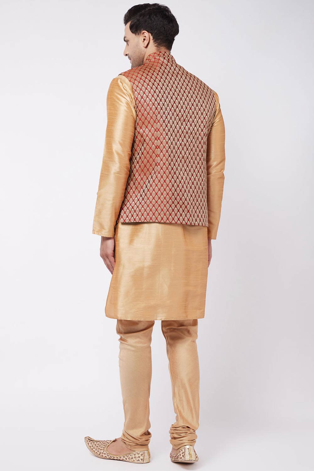 Buy Men's Blended Silk Woven Kurta Set in Rose Gold - Back