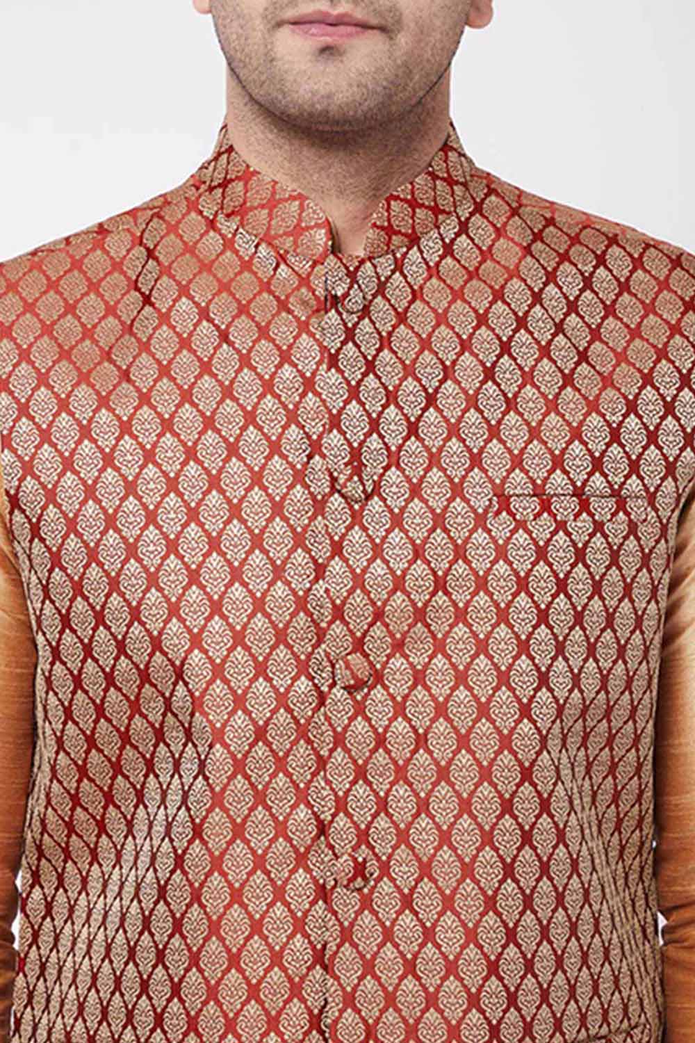 Buy Men's Blended Silk Woven Kurta Set in Rose Gold - Side