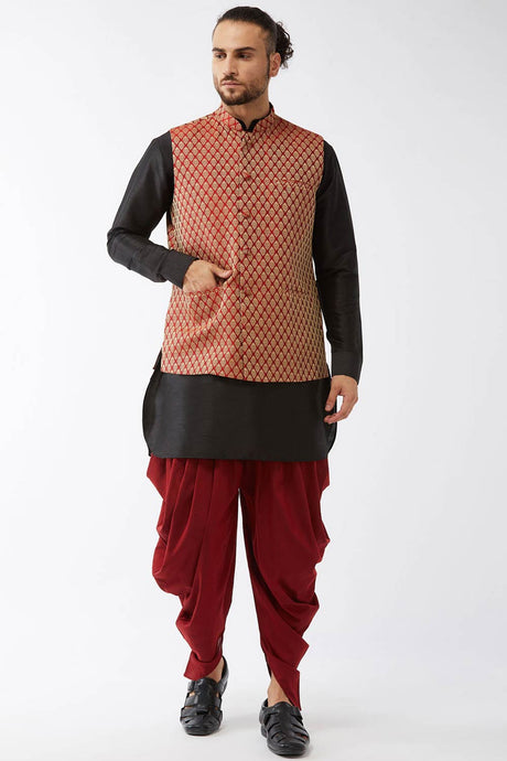 Buy Men's Blended Silk Woven Kurta Set in Black