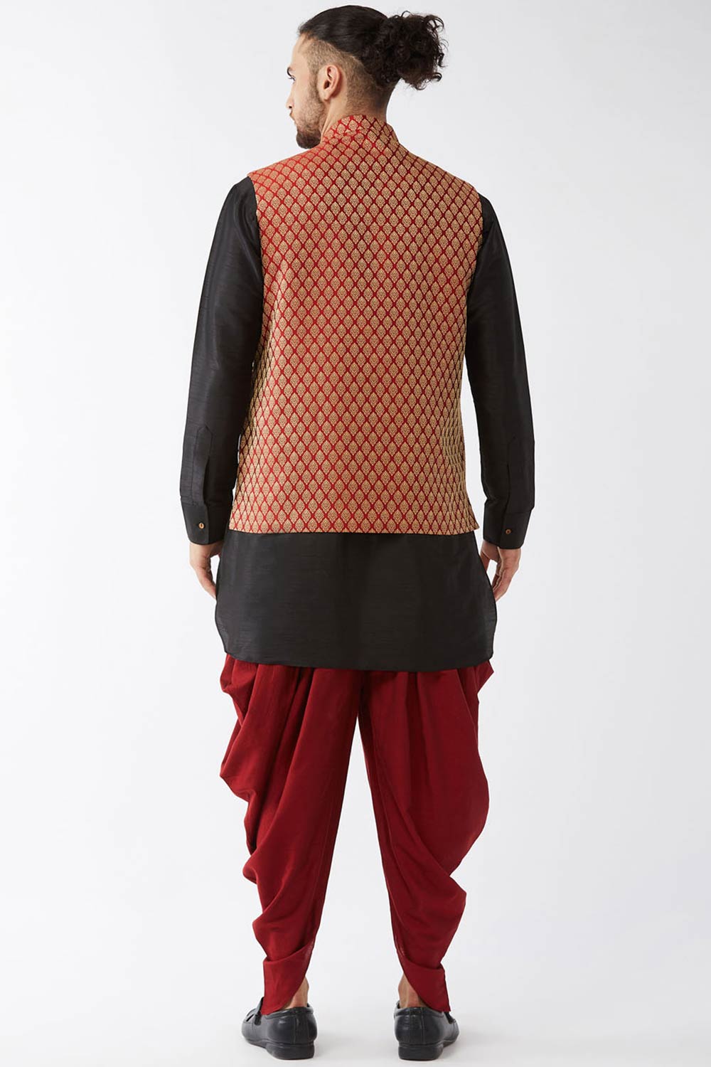 Buy Men's Blended Silk Woven Kurta Set in Black - Back