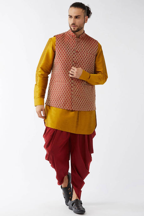 Buy Men's Blended Silk Woven Kurta Set in Mustard