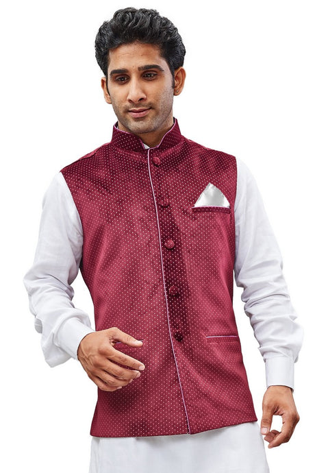 Men's Velvet Printed Modi Nehru Jacket in Maroon