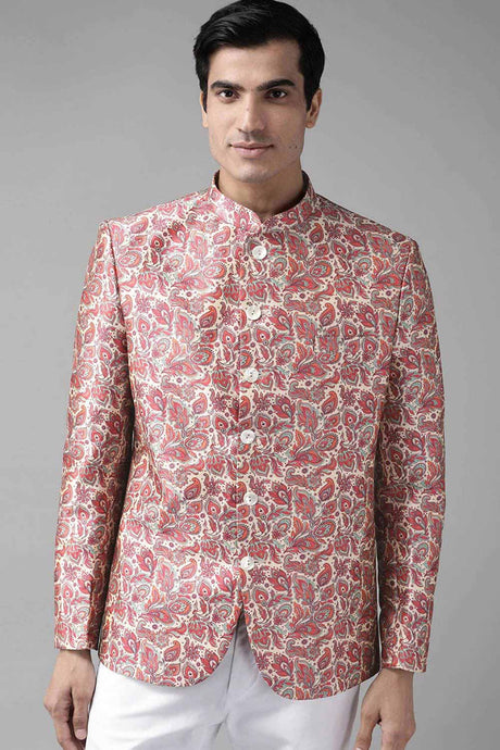 Buy Men's Blended Silk Floral Printed Jodhpuri in Pink