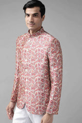Buy Men's Blended Silk Floral Printed Jodhpuri in Pink - Front
