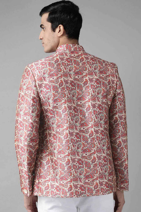 Buy Men's Blended Silk Floral Printed Jodhpuri in Pink - Back