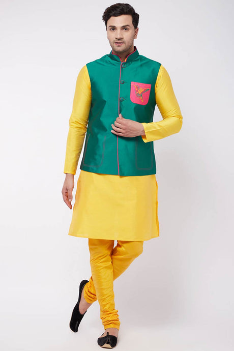 Buy Men's Blended Silk Solid Kurta Set in Yellow