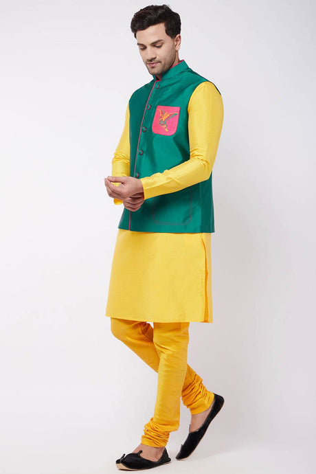 Buy Men's Blended Silk Solid Kurta Set in Yellow - Front