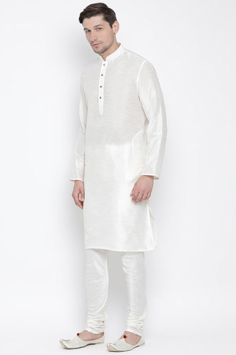 Men's Cotton Silk Kurta Pajama Set In White